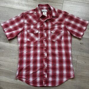 Wrangler‎ Wrancher Shirt Mens Medium Western Pearl Snap Red Plaid Short Sleeve